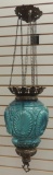 Antique Teal Molded Glass Hanging Lamp with Ornate Metal Collar