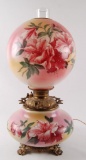 Antique Hurricane Lamp with Floral Design