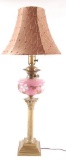 Antique Lamp with Pink Glass and Hand Painted Enamel Floral Design