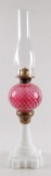Antique Cranberry Coin Dot and Milk Glass Oil Lamp