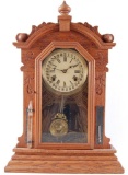 Antique Oak Calendar Mantle Clock w/ Snow Glass and Thermometer