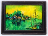 Houses by a Lake Framed Painted Tile