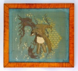Framed Embroidery on Silk : Eagle and Prey