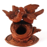 Vintage Hand Carved Wooden Figurine : Bird Pair and Nest