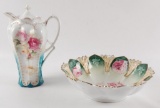 Antique R.S. Prussia Tea Pot and Bowl with Floral Design