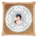 Antique Victorian Porcelain Panting of Woman with Lace and Brass Frame