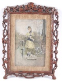 Antique Print of Victorian Woman in Ornate Wood Carved Frame