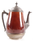 Antique Brown Ceramic and Pewter Coffee Pot