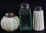 Lot of 3 : EAPG Spider Web, Maize, and Northwood Opalescent Vaseline Glass Shakers