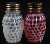 Set of 2 : EAPG Spiral Swirled Coin Dot Glass Shakers