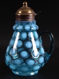 Blue Opalescent Coin Spot Glass Syrup Pitcher
