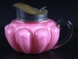 Vintage Pink Patterned Glass Sectioned Melon-shaped Syrup Pitcher