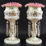 Pair of Antique Cased Glass Jack in the Pulpit Enamel Painted Mantle Lusters with Hanging Crystals