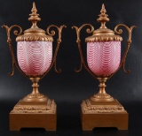 Pair of Antique Cranberry and White Swirls Fireplace Mantle Lusters