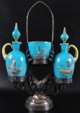 Antique Blue Cased Glass Cruet Set with Ornate Basket and Enamel Painted Children Playing Scenes