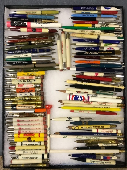 Large group of vintage local advertising pens and pencils