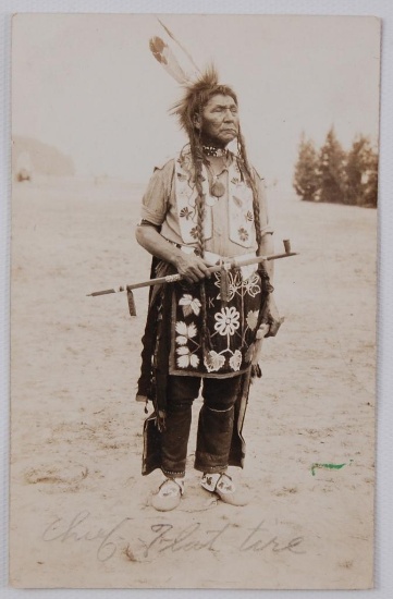 Antique Real Photo Postcard of Native American Indian Man with Calumet