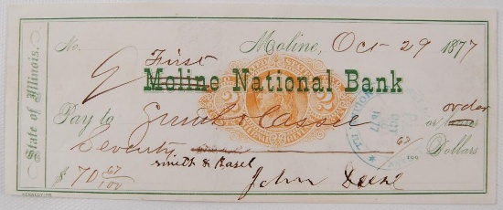 Antique 1877 Moline National Bank Sign John Deere Check with COA