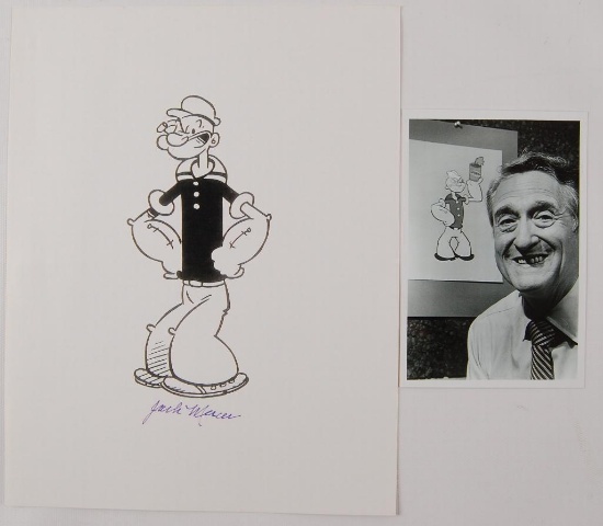 Jack Mercer Signed Popeye Drawing with Photograph