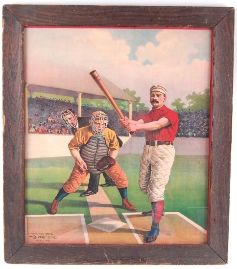 Antique Lithograph of a Baseball Player at Bat with Oak Frame
