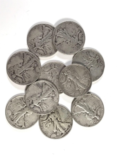 Group of 10 walking liberty silver half dollars