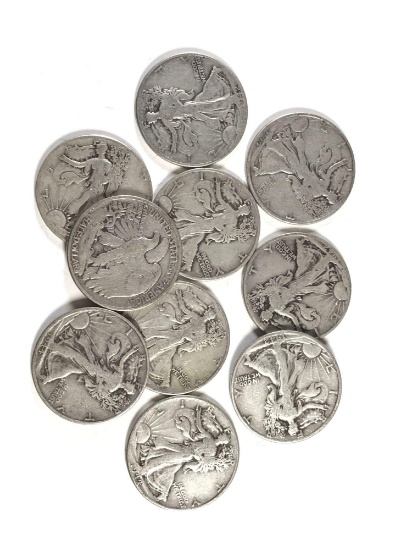 Group of 10 walking liberty silver half-dollars