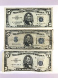Group of three Lincoln five dollar silver certificates