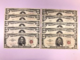 Group of 10 Lincoln five dollar red seal notes