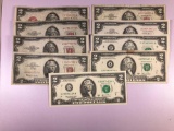 Group of nine Jefferson two dollar notes