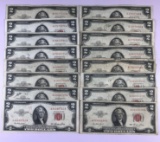 Group of 16 Jefferson 2 dollar red seal notes