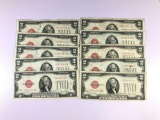 Group of 10 Jefferson 2 dollar red seal notes