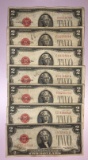 Group of seven Jefferson two dollar red seal notes