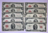 Group of 10 Jefferson 2 dollar red seal notes