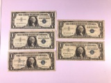 Group of five Washington one dollar silver certificate