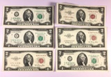 Group of six Jefferson two dollar notes