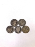 Group of five barber silver dimes