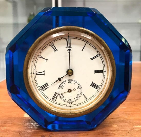 Antique blue glass E.N Welch Clock paperweight