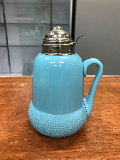 Antique blue milk glass acorn pattern syrup