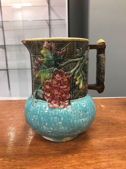 Antique majolica floral pattern pitcher