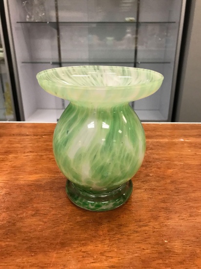 Green and white confetti swirl art glass vase