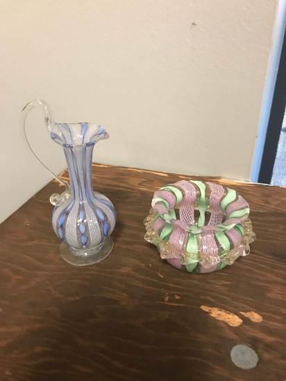 Group of two antique blown art glass items with applied Decour