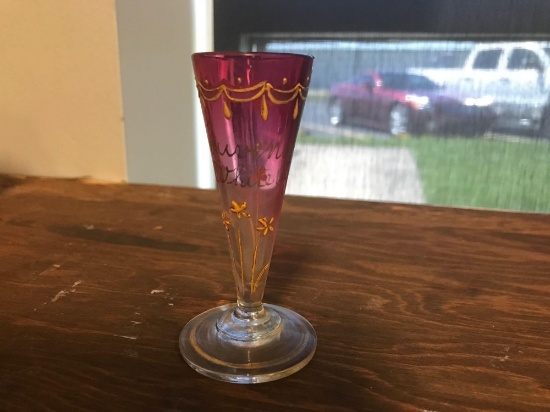 Antique souvenir of White city enamuel painted cranberry flash shot glass