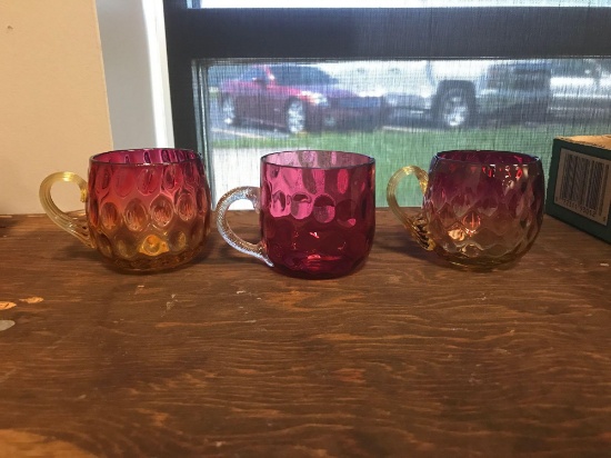 Group of three Amberina coin dot punch bowl glasses