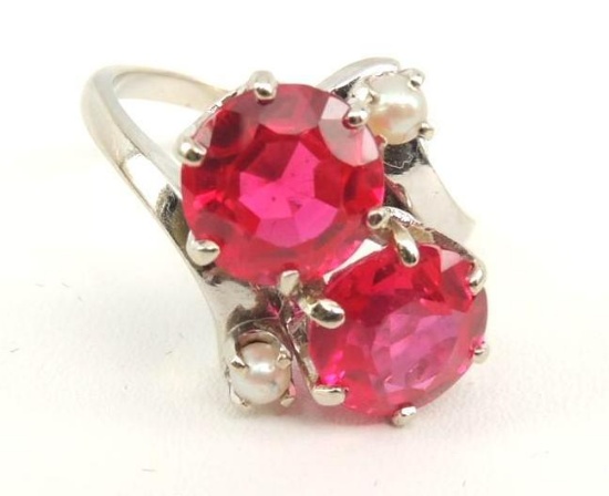 14k White Gold Ruby & Pearl Bypass Ring