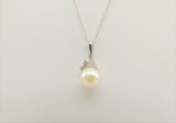 14k White Gold Pearl and Diamond Pendant with 14k White Gold Chain