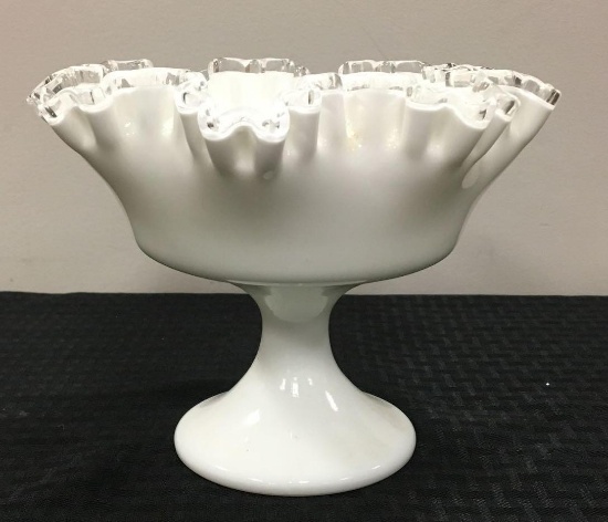 Vintage Fenton Silver Crest Milk Glass ruffled edge compote