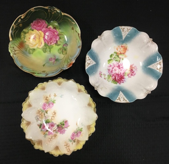 Group of 3 antique floral print Prussia bowls