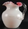 Antique Pink and White Cased Glass Pitcher with Applied Thorn Handle and Ribbon Edge