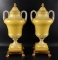 Pair of Antique Sevres-style Hand Painted Porcelain Lidded Urns w/ Gilt Bronze Square Pedestal Bases
