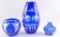 Group of 3 : Vintage Blue Color Cut To Clear Glass Vases and Basket